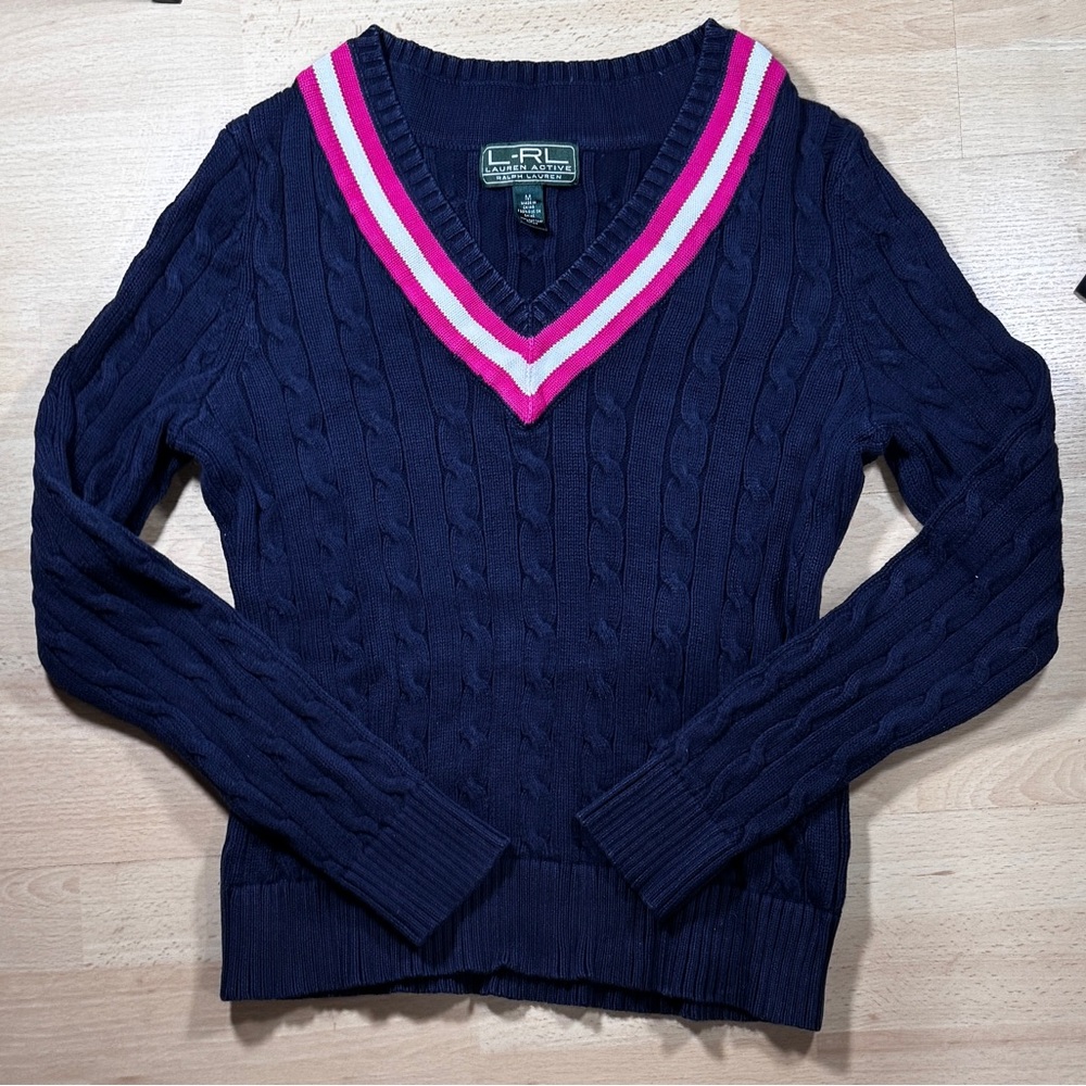 Ralph Lauren Navy V-Neck Sweater with Pink Accents